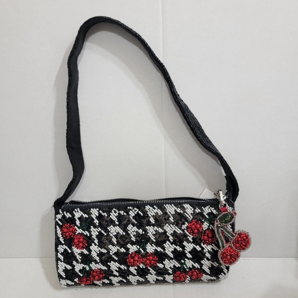 NEW RELEASE Viral B&W Cherry 🍒 and Herringbone Handmade‎ Beaded Shoulder Bag